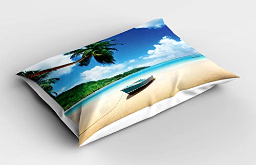 ABAKUHAUS Strand Kissenbezug, Boot am Strand in Insel Mahe, Dekorativer Standard King Size Gedruckter Kissenbezug, 80 x 40 cm, Grün Blau von ABAKUHAUS