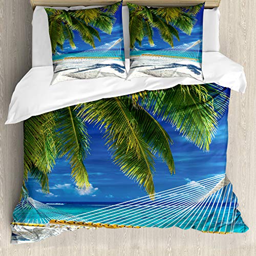 ABAKUHAUS Strand Bettwäsche Set für Doppelbetten, Sandy Palm Coconut Sea, Weicher Microfaserstoff Allegigeignet kein Verblassen, Creme Marine-Grün von ABAKUHAUS