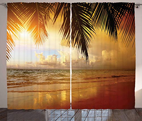 ABAKUHAUS Strand Rustikaler Gardine, Sonnenuntergang Karibik Palmen, Schlafzimmer Kräuselband Vorhang mit Schlaufen und Haken, 280 x 225 cm, Gelbes orange Zimt von ABAKUHAUS
