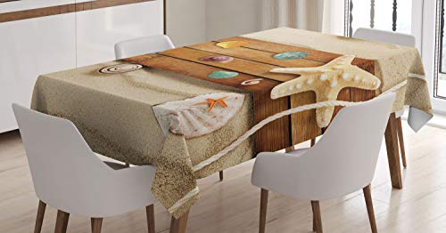 ABAKUHAUS Strand Tischdecke, Rustikal Brett Muscheln, Pflegeleicht mit Modernster Druck Technologie Waschbar und Personalisiert, 140 x 200 cm, Braun Beige von ABAKUHAUS