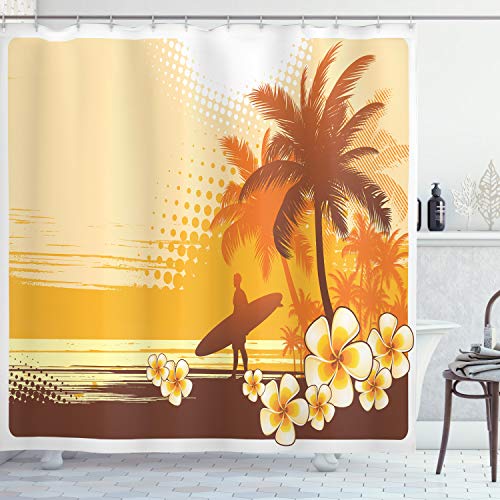 ABAKUHAUS Surfen Duschvorhang, Surfer Tropische Landschaft, Stoffliches Gewebe Badezimmerdekorationsset mit Haken, 175 x 180 cm, Gelb Braun Orange von ABAKUHAUS