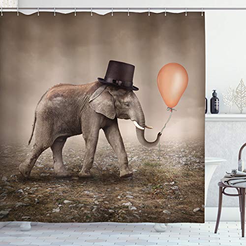 ABAKUHAUS Surreal Duschvorhang, Illusionist Elefant, Stoffliches Gewebe Badezimmerdekorationsset mit Haken, 175 x 200 cm, Orange Schwarz Taupe von ABAKUHAUS