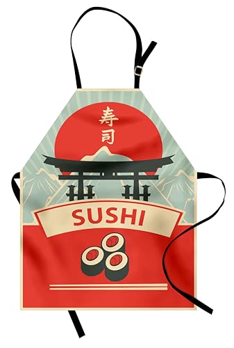 ABAKUHAUS Sushi Kochschürze, Populäre japanische kulturelle Ikonen wie Torii Tor und Sushi mit Karikatur-Bergen, Farbfest Höhenverstellbar Waschbar Klarer Digitaldruck, Mehrfarbig von ABAKUHAUS