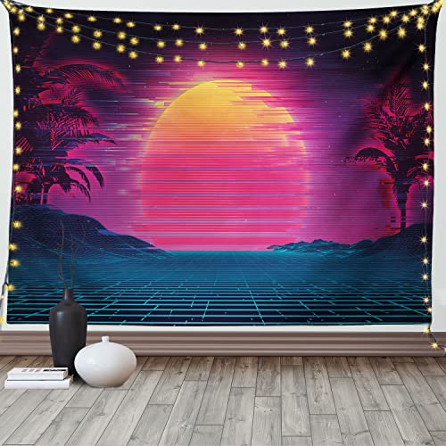 ABAKUHAUS Synthwave Wandteppich, Retro Futurismus Sun Palms, Wohnzimmer Schlafzimmer Heim Seidiges Satin Wandteppich, 200 x 150 cm, Dunkel Teal Magenta und orange von ABAKUHAUS