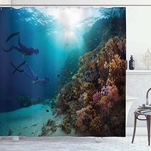 ABAKUHAUS Taucher Duschvorhang, Exploration Korallenriff Wand, Stoffliches Gewebe Badezimmerdekorationsset mit Haken, 175 x 200 cm, Mehrfarbig von ABAKUHAUS