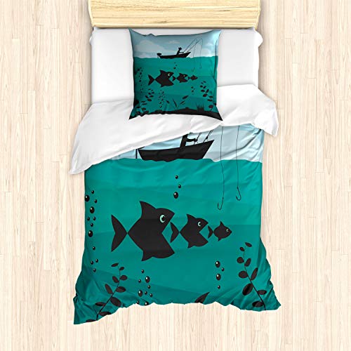 ABAKUHAUS Teal Bettbezug Set für Einzelbetten, Angeln auf Bootswasser, Milbensicher Allergiker geeignet mit Kissenbezug, blau Teal ABAKUHAUS Teal Bettbezug Set für Einzelbetten, Angeln auf Bootswasser, Milbensicher Allergiker geeignet mit Kissenbezug, blau Teal von ABAKUHAUS