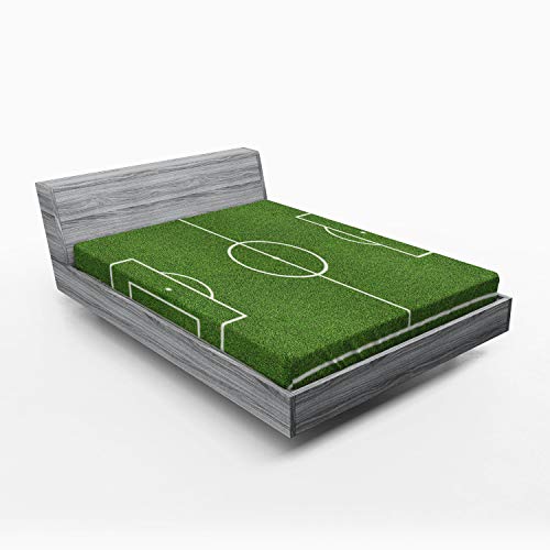 ABAKUHAUS Teen Zimmer Spannbetttuch, Fußball-Stadion-Feld, Soft Dekorativer Stoff Bettwäsche Rund-um Elastischer Gummizug, 140 x 200 cm, Farngrün Weiß von ABAKUHAUS