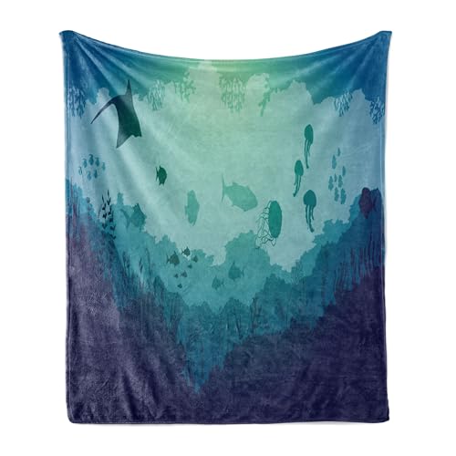 ABAKUHAUS Tiefsee Weiche Kuscheldecke Sofadecke, Quallen Corals Säugetiere, Gemütlicher Plüsch für den Innen- und Außenbereich, 175 x 230 cm, Blau Mandelgrün von ABAKUHAUS