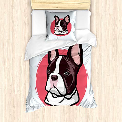 ABAKUHAUS Tier Bettbezug Set für Einzelbetten, Französisch Bulldog Hipster, Milbensicher Allergiker geeignet mit Kissenbezug, rosa Brown von ABAKUHAUS