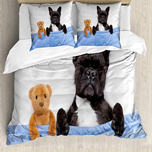 ABAKUHAUS Tier Bettbezugs Set Für Doppelbetten, Französisch Bulldog mit Bär, Milbensicher Allergiker geeignet mit Kissenbezügen, Weiß Blau Schwarz ABAKUHAUS Tier Bettbezugs Set Für Doppelbetten, Französisch Bulldog mit Bär, Milbensicher Allergiker geeignet mit Kissenbezügen, Weiß Blau Schwarz von ABAKUHAUS