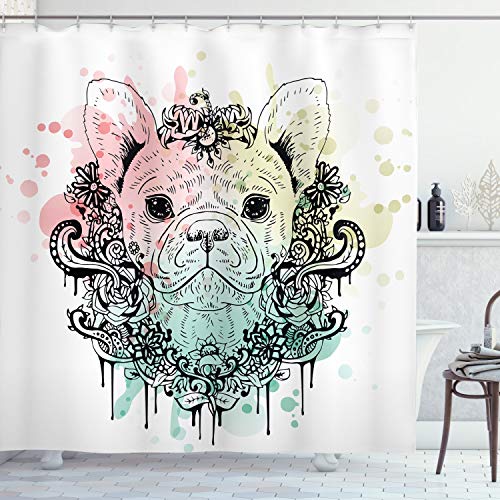 ABAKUHAUS Tier Duschvorhang, Französisch Bulldog Blumen, Stoffliches Gewebe Badezimmerdekorationsset mit Haken, 175 x 180 cm, Hellgrün Blassrosa von ABAKUHAUS