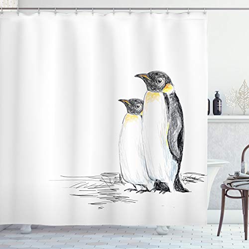 ABAKUHAUS Tier Duschvorhang, Hand Drawn Penguins Kunst, Stoffliches Gewebe Badezimmerdekorationsset mit Haken, 175 x 220 cm, Weiß Schwarz von ABAKUHAUS
