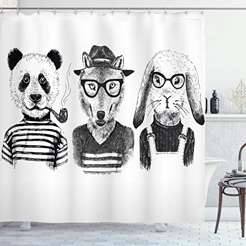 ABAKUHAUS Tier Duschvorhang, Hipster Panda Zigarre Fox, Stoffliches Gewebe Badezimmerdekorationsset mit Haken, 175 x 180 cm, Schwarz Weiß Grau von ABAKUHAUS