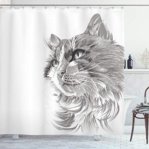 ABAKUHAUS Tier Duschvorhang, Katzen-Porträt Kätzchen, Stoffliches Gewebe Badezimmerdekorationsset mit Haken, 175 x 180 cm, Grau weiß von ABAKUHAUS