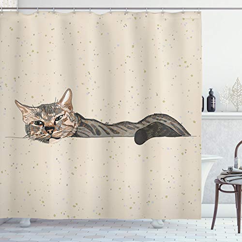 ABAKUHAUS Katze Duschvorhang, Lazt Sleepy Cat, Stoffliches Gewebe Badezimmerdekorationsset mit Haken, 175 x 220 cm, Beige Grau von ABAKUHAUS