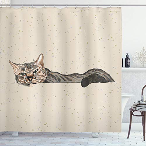 ABAKUHAUS Katze Duschvorhang, Lazt Sleepy Cat, Stoffliches Gewebe Badezimmerdekorationsset mit Haken, 175 x 240 cm, Beige Grau von ABAKUHAUS