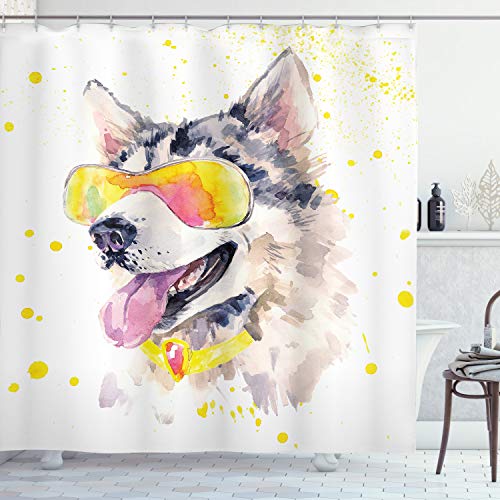 ABAKUHAUS Tier Duschvorhang, Lustige Husky-Hunde Sonnenbrille, inkl. 12 Haken Waschbar Stielvoller Digitaldruck, 175 x 180 cm, Gelb-graue beige von ABAKUHAUS