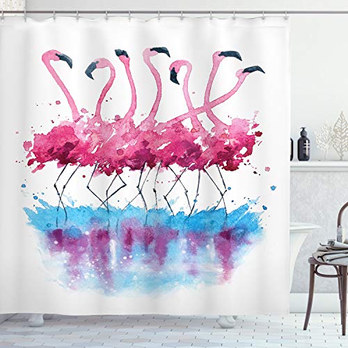 ABAKUHAUS Flamingo Duschvorhang, Flamingo and Bird, Stoffliches Gewebe Badezimmerdekorationsset mit Haken, 175 x 200 cm, Blau Lila Rosa von ABAKUHAUS