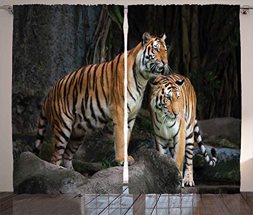 ABAKUHAUS Tier Rustikaler Vorhang, Tiger-Paare im Dschungel, Wohnzimmer Universalband Gardinen mit Schlaufen und Haken, 280 x 260 cm, Ingwer und Grau von ABAKUHAUS