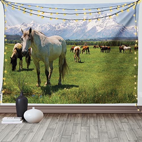 ABAKUHAUS Tier Wandteppich, Pferde aus Weiches Mikrofaser Stoff Waschbar ohne Verblassen Digitaldruck, 150 x 110 cm, Grün Weiß von ABAKUHAUS