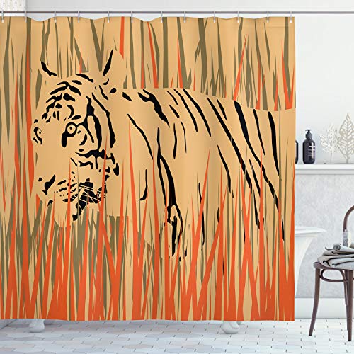 ABAKUHAUS Tiger Duschvorhang, Tiger-Dschungel, Stoffliches Gewebe Badezimmerdekorationsset mit Haken, 175 x 180 cm, Peach orange von ABAKUHAUS