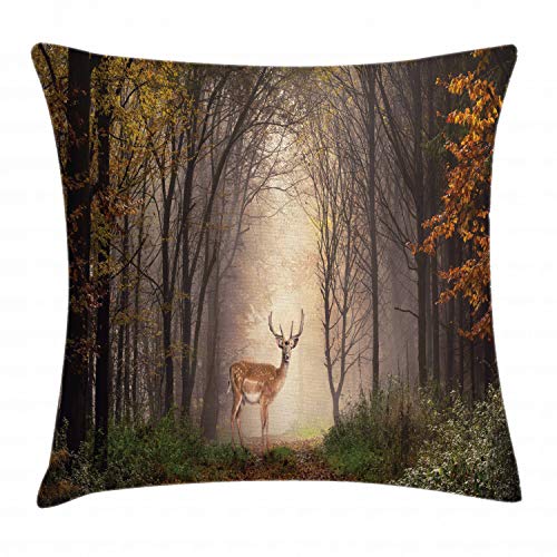 ABAKUHAUS Tierwelt Kissenbezug, Deer Mystischer Wald, Waschbar mit Reißverschluss Kissenhülle mit Farbfesten Klaren Farben Beidseitiger Druck, 40 x 40 cm, Herbstbraun Grün von ABAKUHAUS