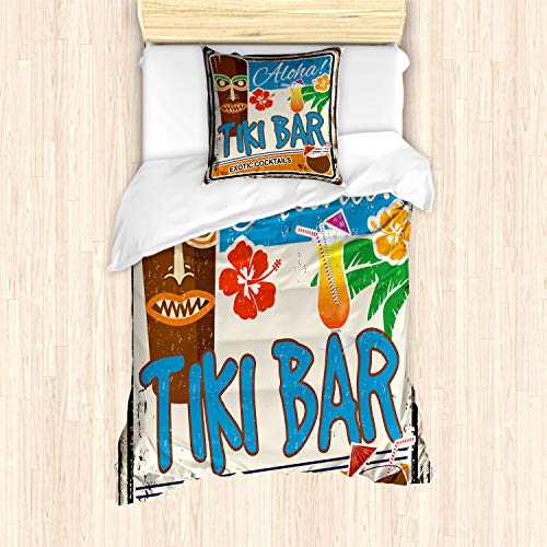 ABAKUHAUS Tiki Bar Bettbezug Set, Weinlese-Zeichen, Milbensicher Allergiker geeignet mit Kissenbezügen, 135 cm x 200 cm - 80 x 80 cm, Mehrfarbig von ABAKUHAUS