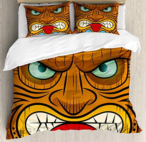 ABAKUHAUS Tiki Bar Bettbezugs Set Für Doppelbetten, Verärgertes Gesicht Totem, Milbensicher Allergiker geeignet mit Kissenbezügen, 200 x 200 cm, Orange Mehrfarbig von ABAKUHAUS