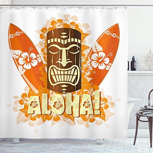 ABAKUHAUS Aloha Duschvorhang, Hibiscus Flora, Stoffliches Gewebe Badezimmerdekorationsset mit Haken, 175 x 200 cm, Orange Braun Hellgelbe von ABAKUHAUS