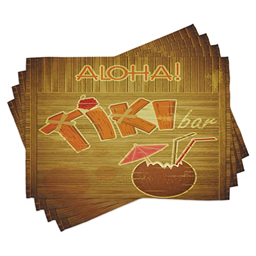 ABAKUHAUS Tiki Bar Platzmatten, Holz Plank Aloha, Waschbare Stoff Esszimmer Küche Tischdekorations Digitaldruck, Orange Pink von ABAKUHAUS