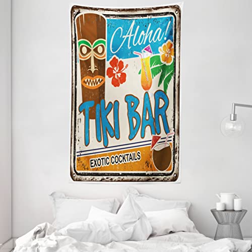 ABAKUHAUS Tiki-Bar Wandteppich und Tagesdecke Tiki-Bar Illustration Exotic Cocktails und Aloha Beschriftung Ferien Exotik aus Weiches Mikrofaser Stoff 140 x 230 cm Wand Dekoration, Braun Blau von ABAKUHAUS