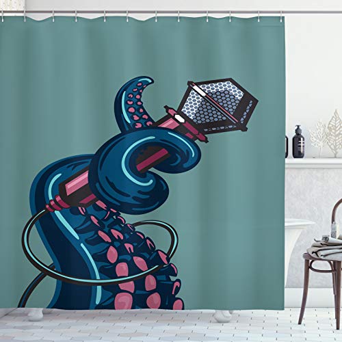 ABAKUHAUS Tintenfisch Duschvorhang, Tentakel mit einem Mikrofon, Stoffliches Gewebe Badezimmerdekorationsset mit Haken, 175 x 180 cm, Teal Rosa von ABAKUHAUS