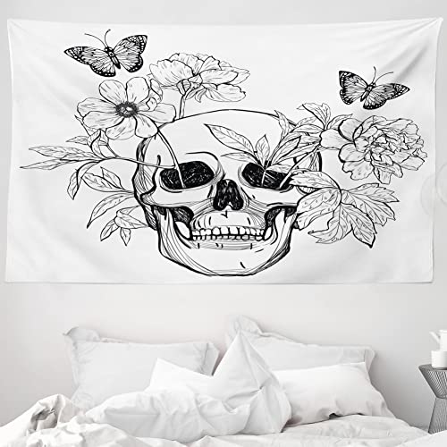 ABAKUHAUS Totenkopf Wandteppich und Tagesdecke, Schädel Schmetterlinge aus Weiches Mikrofaser Stoff Waschbar ohne Verblassen Digitaldruck, 230 x 140 cm, Schwarz Weiß von ABAKUHAUS