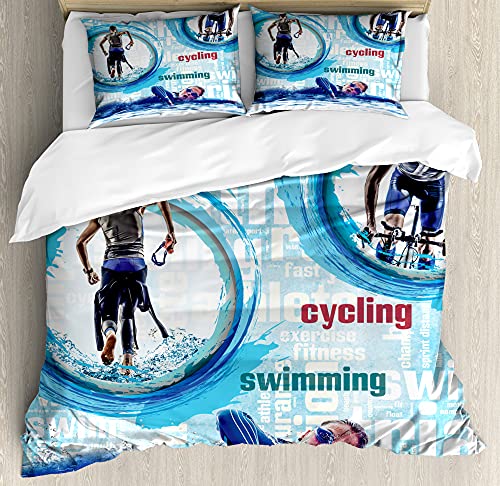 ABAKUHAUS Triathlon Bettbezug Set für Einzelbetten, Radfahren Laufen Schwimmen, Milbensicher Allergiker geeignet mit Kissenbezug, 130 x 200 cm - 70 x 50 cm, Himmelblau und Multicolor von ABAKUHAUS
