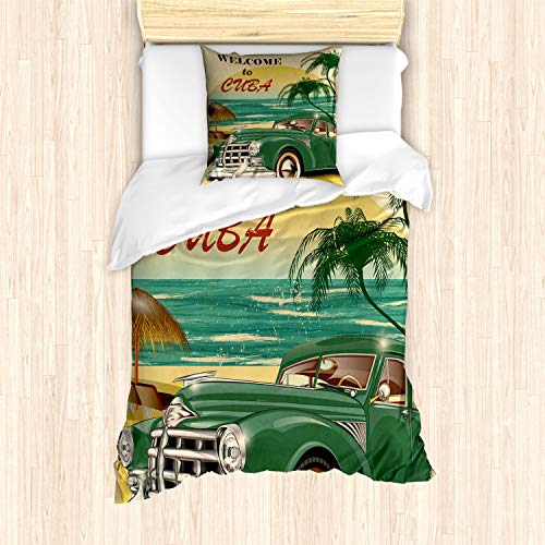 ABAKUHAUS Tropisch Bettbezug Set für Einzelbetten, Kuba Beach Ocean Palm, Milbensicher Allergiker geeignet mit Kissenbezug, Grüne Sahne Gelb von ABAKUHAUS
