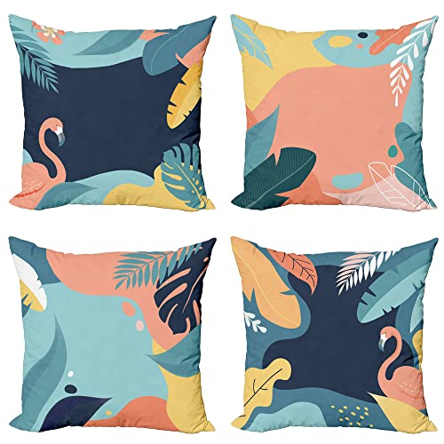 ABAKUHAUS Tropisch Dekokissen Kissenbezug 4er Pack, Flamingo Insel Sommer Kunst Modern Accent Doppelseitiger Digitaldruck, 50 cm x 50 cm, Lachs Blassblau und Indigo von ABAKUHAUS