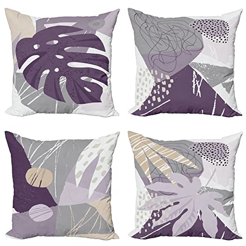 ABAKUHAUS Tropisch Dekokissen Kissenbezug 4er Pack, Island Foliage Leaves Modern Accent Doppelseitiger Digitaldruck, 40 cm x 40 cm, Aubergine Grau Eierschale von ABAKUHAUS