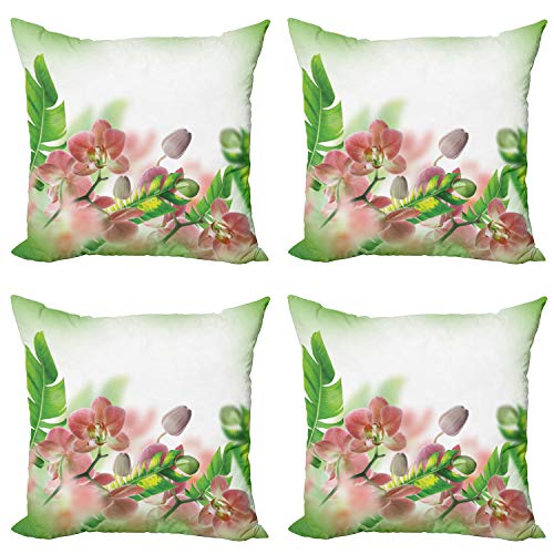 ABAKUHAUS Tropisch Dekokissen Kissenbezug 4er Pack, Orchideen-Blüten-Blätter, Modern Accent Doppelseitiger Digitaldruck, 40 x 40 cm, Pfirsich Grün von ABAKUHAUS