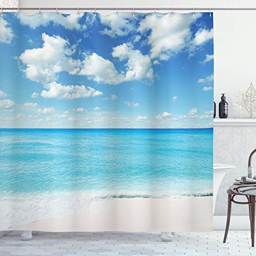 ABAKUHAUS Tropisch Duschvorhang, Exotischer Strand Vivid Sky, Stoffliches Gewebe Badezimmerdekorationsset mit Haken, 175 x 240 cm, Sky Blue Aqua von ABAKUHAUS