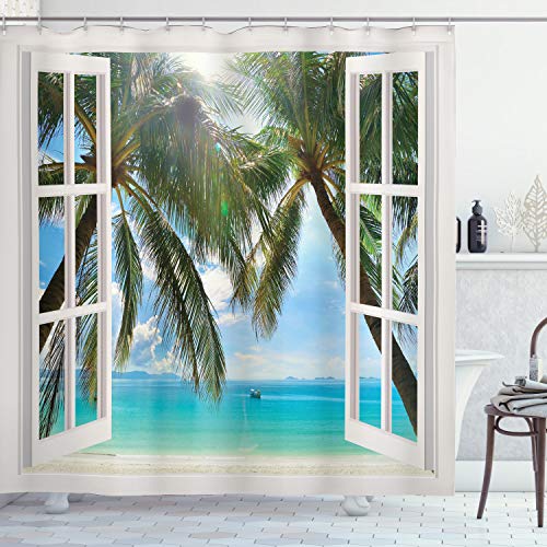 ABAKUHAUS Tropisch Duschvorhang, Fenster zum exotischen Strand, Stoffliches Gewebe Badezimmerdekorationsset mit Haken, 175 x 220 cm, Mehrfarbig von ABAKUHAUS