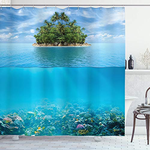 ABAKUHAUS Tropisch Duschvorhang, Kleine Insel im Ozean, Stoffliches Gewebe Badezimmerdekorationsset mit Haken, 175 x 240 cm, Aqua Forest Green von ABAKUHAUS