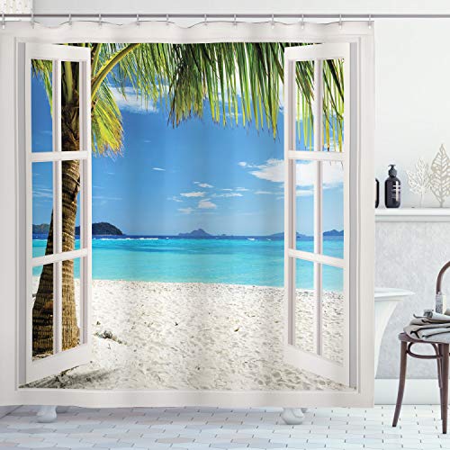 ABAKUHAUS Tropisch Duschvorhang, Tropical Beach Palmen, Stoffliches Gewebe Badezimmerdekorationsset mit Haken, 175 x 220 cm, Grün Weiß Blau von ABAKUHAUS