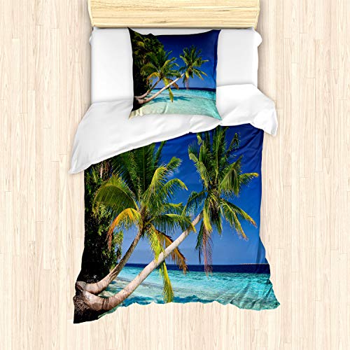 ABAKUHAUS Tropisch Bettbezug Set, Exotische Malediven Strand, Milbensicher Allergiker geeignet mit Kissenbezügen, 135 cm x 200 cm - 80 x 80 cm, Farn-Grün-Türkis von ABAKUHAUS