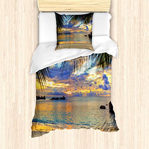 ABAKUHAUS Tropisch Bettbezug Set für Einzelbetten, Exotische Strand-Foto, Milbensicher Allergiker geeignet mit Kissenbezug, Blau Orange von ABAKUHAUS