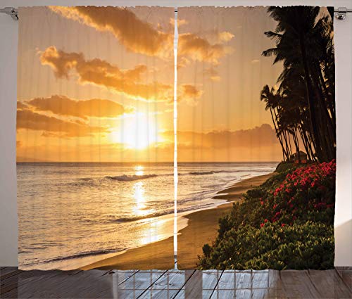 ABAKUHAUS Tropisch Rustikaler Vorhang, Sonnenuntergang am Strand von Sands, Wohnzimmer Universalband Gardinen mit Schlaufen und Haken, 280 x 245 cm, Orange Grün Rosa von ABAKUHAUS