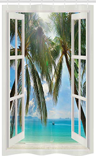 ABAKUHAUS Tropisch Schmaler Duschvorhang, Fenster zum exotischen Strand, Badezimmer Deko Set aus Stoff mit Haken, 120 x 180 cm, Grün Blau Braun von ABAKUHAUS