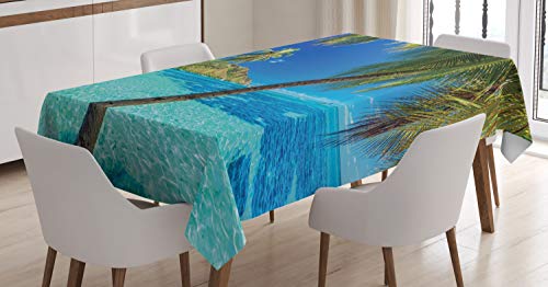 ABAKUHAUS Tropisch Tischdecke, Palmen, Meer, Strand, Inn und Outdoor Bereich geeignet Waschbar Druck Klare Farben Kein Verblassen, 140 x 200 cm, Türkis Blau von ABAKUHAUS