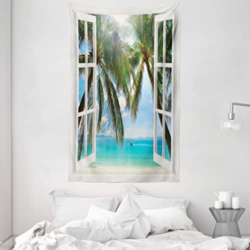 ABAKUHAUS Tropisch Wandteppich, Fenster zur exotischen Strandlandschaft Pastorale Komposition mit Palmen, aus Weiches Mikrofaser Stoff Wand Dekoration Für Schlafzimmer, 140 x 230 cm, Himmelblau Weiß von ABAKUHAUS