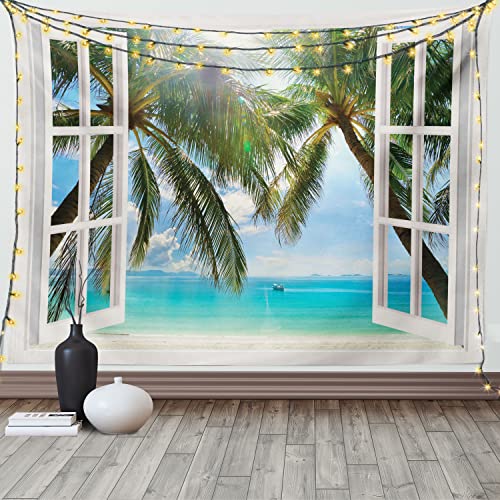 ABAKUHAUS Tropisch Wandteppich und Tagesdecke, Fenster zum exotischen Strand aus Weiches Mikrofaser Stoff Waschbar ohne Verblassen Digitaldruck, 230 x 140 cm, Braun Aqua von ABAKUHAUS