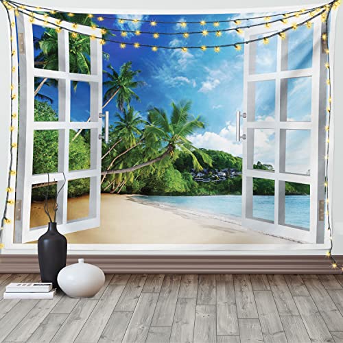 ABAKUHAUS Tropisch Wandteppich und Tagesdecke, Üppige grüne Fensteransicht aus Weiches Mikrofaser Stoff Waschbar ohne Verblassen Digitaldruck, 230 x 140 cm, Weiß Himmelblau von ABAKUHAUS